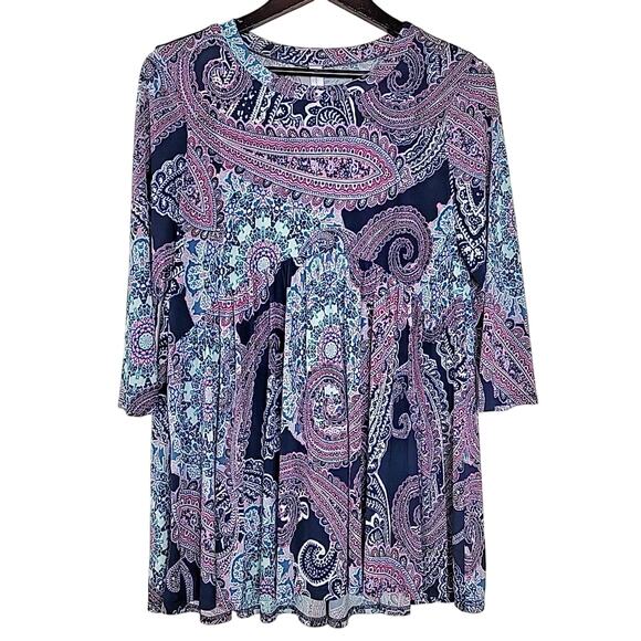 Discount Divas Babydoll Peplum Top Navy Purple Paisley Stretch Tunic XL Fit - Picture 1 of 7